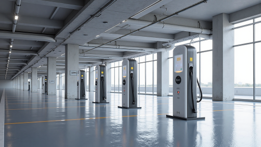 Germany industrial park charging station panoramic view, multiple charging piles arranged neatly, electric vehicles charging, modern industrial environment background