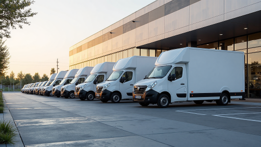 Thailand logistics park new energy commercial vehicle fleet, multiple white electric trucks arranged neatly, blue sky background, showcasing green logistics application scenario