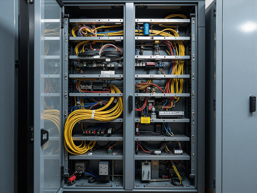 Industrial-grade containerized energy storage cabinet appearance, blue metal enclosure, clear safety labels, weather-resistant design, reflecting professional outdoor energy storage equipment